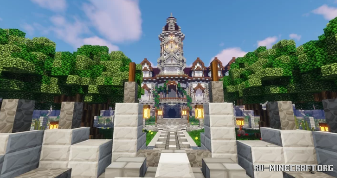 Вид сверху на Clock Tower Hub - башни и двор в Minecraft