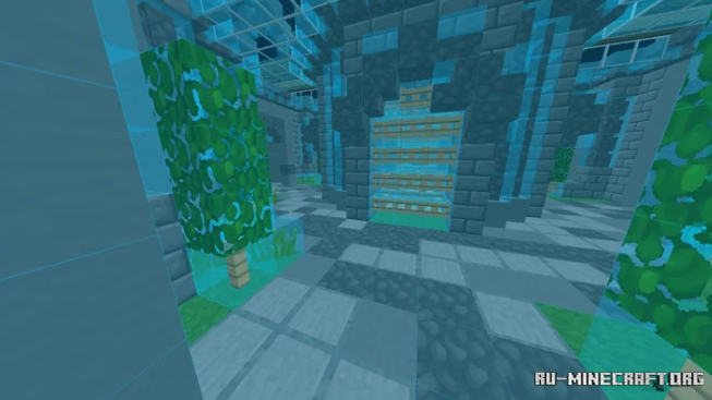 Внутренний двор замка в Minecraft с фонтаном и каменными стенами