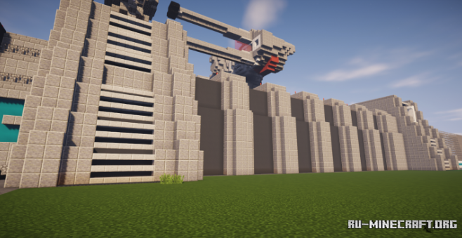 Ночной вид кибергорода в Minecraft с подсветкой зданий и летающими машинами