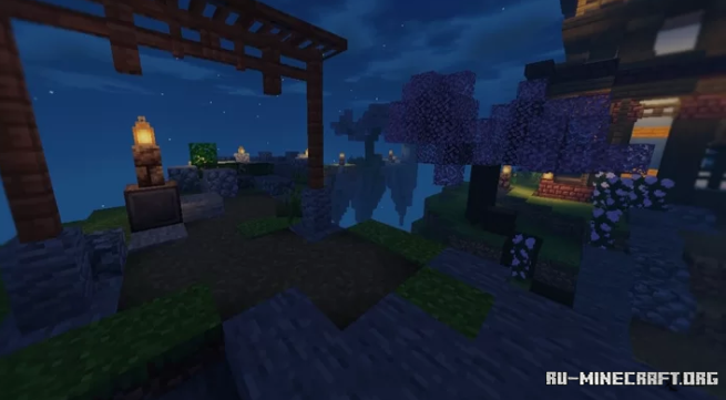 Красивый японский сад с фонарями и мостиком в Minecraft