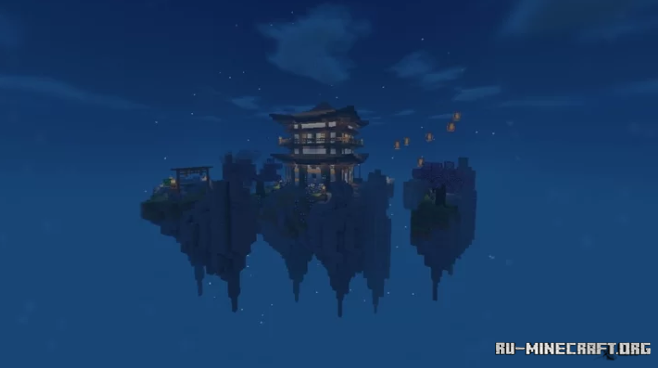 Вид на традиционную японскую пагоду в Minecraft на карте Flying Sakura