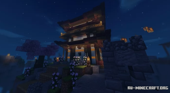 Ночной вид на плавучий остров с подсветкой фонарей в Minecraft