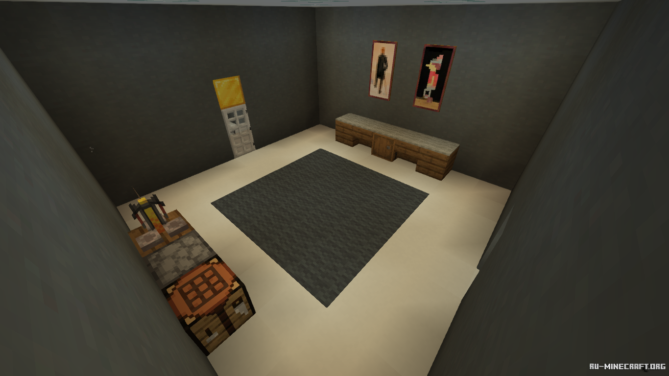 Подземелье в Minecraft с сундуками, спаунерами мобов и факелами на стенах