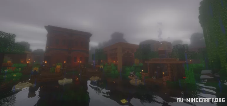 Ночной вид на город майя с подсветкой факелов в Minecraft