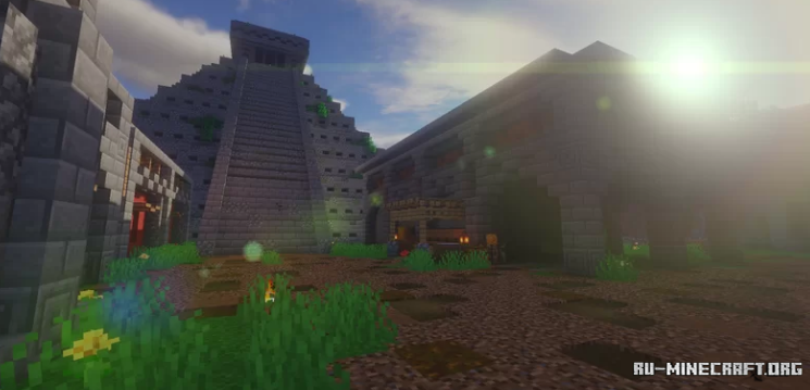Внутренний интерьер храма майя с алтарём и декоративными элементами в Minecraft