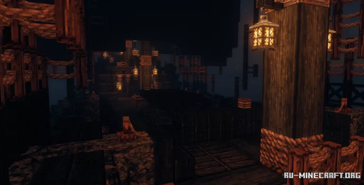 Вид на корабль The Stranger снаружи в Minecraft - массивное деревянное судно с парусами