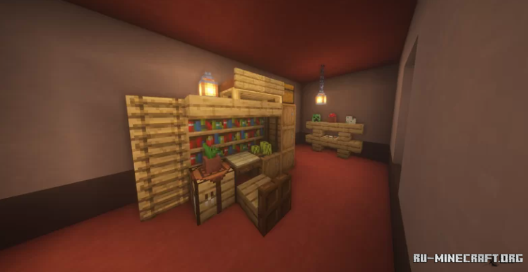Ночной пейзаж в Minecraft с подсвеченными домами и звёздным небом