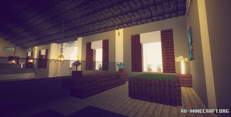 Горный пейзаж в Minecraft с водопадом и зелеными холмами