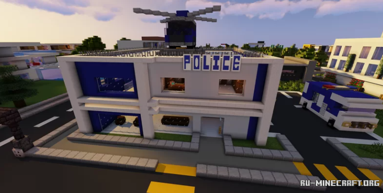 Городская площадь в Minecraft с фонтанами и уютными домами