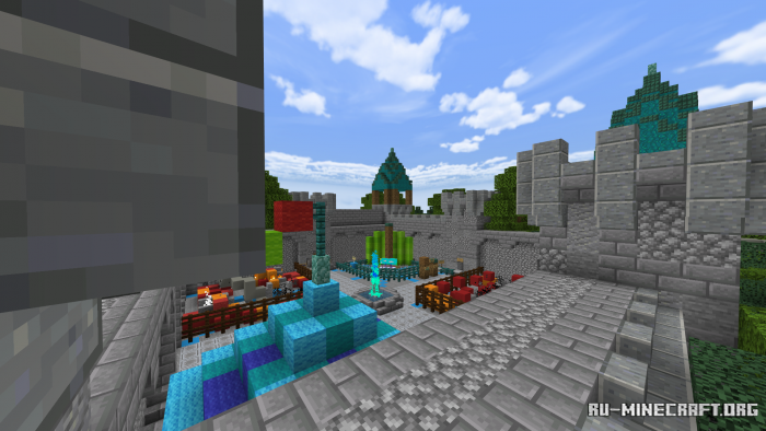 Пляжная зона Sandsoul Park And Resort с шезлонгами и пальмами в Minecraft