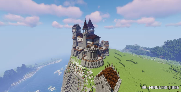 Вид на лесной биом в Minecraft с высокими деревьями и рекой