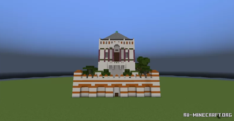 Вид на городскую площадь в Minecraft с фонтаном и средневековыми зданиями