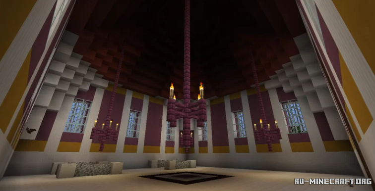 Ночной вид на город в Minecraft с подсвеченными улицами и замком