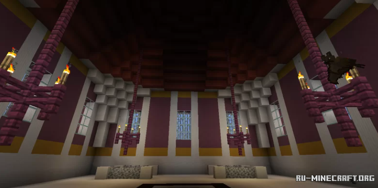 Мост через реку в Minecraft с каменными перилами и фонарями