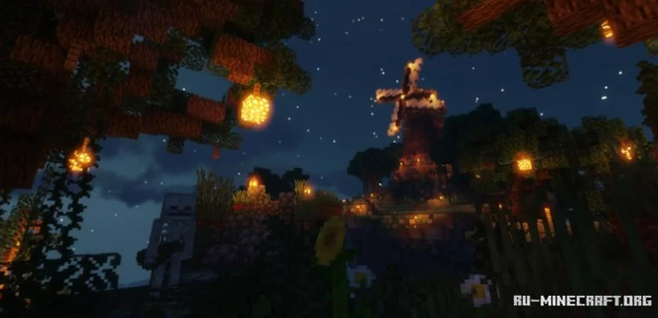 Ночной пейзаж в Minecraft с освещённым домом и луной на фоне