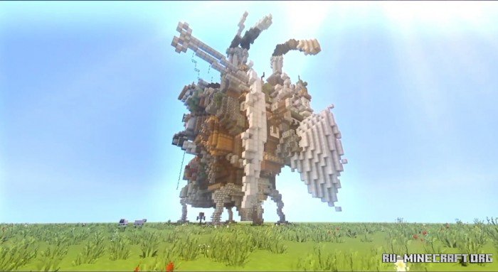 Вид сверху на Ходячий замок в Minecraft с садом и дымящимися трубами