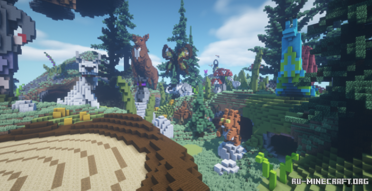 Закат в Minecraft над лесом с красивыми ландшафтами