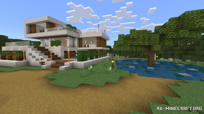 Внутренний двор современного дома в Minecraft с зоной отдыха