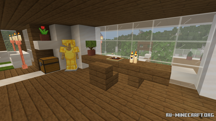 Детализированная кухня в современном доме Minecraft с мебелью и техникой