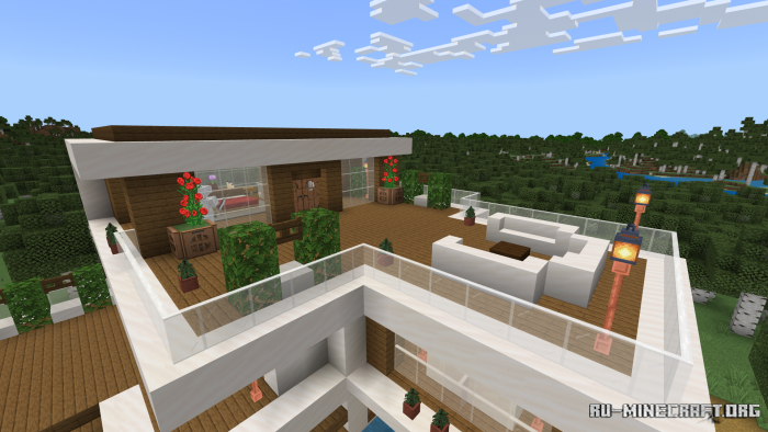 Интерьер современного дома в Minecraft с мебелью и декоративными элементами