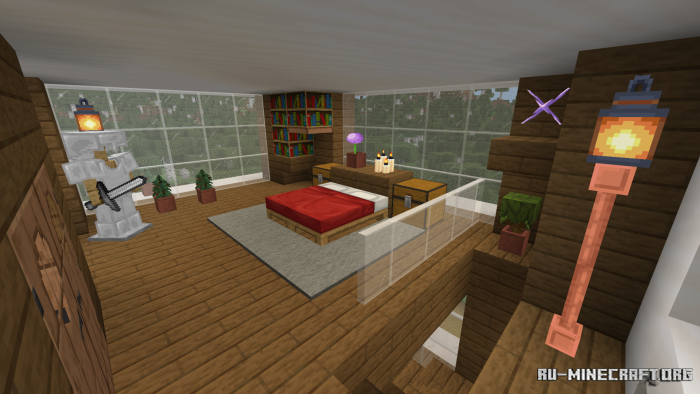 Вид на современный дом в Minecraft с террасой и ландшафтным дизайном