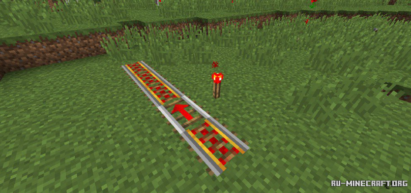 Скриншот Minecraft с новыми рельсами из мода Useful Railroads
