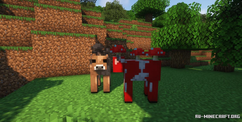 Игрок доит мухоморную корову в Minecraft для получения грибного супа