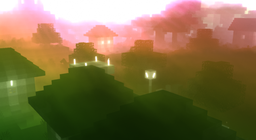 Сравнение обычного и затемнённого вида леса в Minecraft с шейдером Ominous