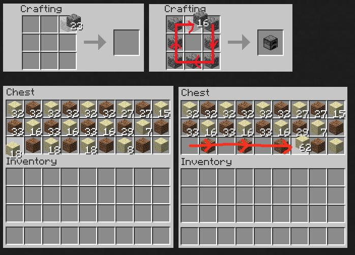 Сравнение стандартного и улучшенного инвентаря с помощью Mouse Tweaks в Minecraft