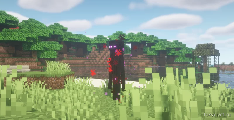 Искажённый Эндермен в Minecraft с красными глазами и тёмной аурой