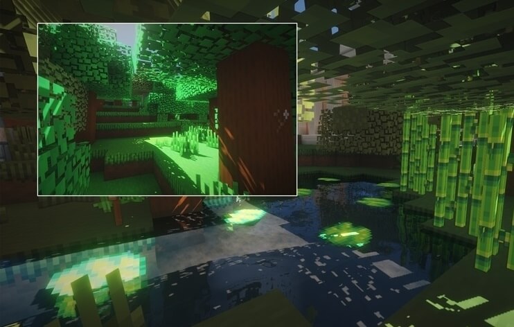 Ночной пейзаж в Minecraft с шейдером CYBOX: звезды и лунный свет