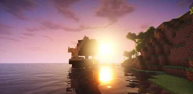 Закат в Minecraft с шейдерами robobo1221, теплые тона и реалистичные облака