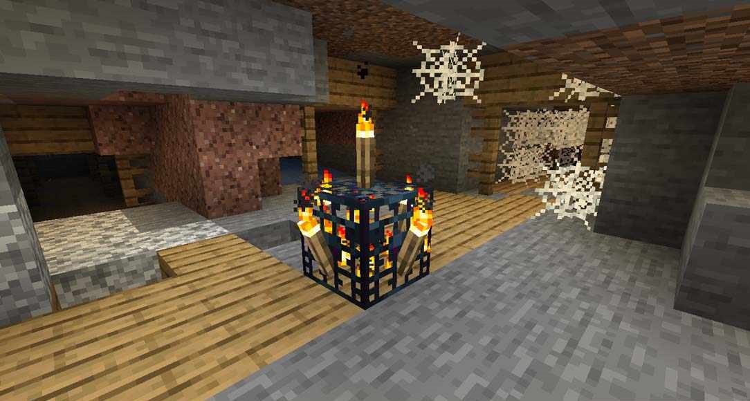 Игрок в Minecraft строит дом из дерева и камня в лесу