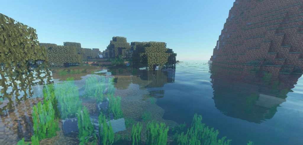 Ночной пейзаж в Minecraft с шейдерами Voyager, эффектное лунное освещение
