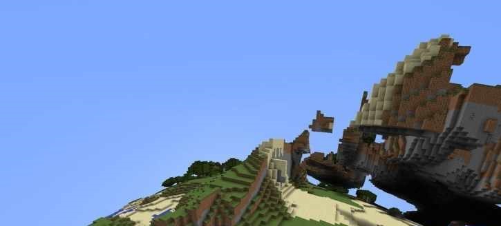 Глобальный вид Minecraft с шейдерами World Curvature, показывающий изогнутую перспективу