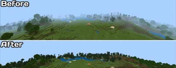 Пейзаж Minecraft с увеличенной дальностью прорисовки после установки Fog Remover