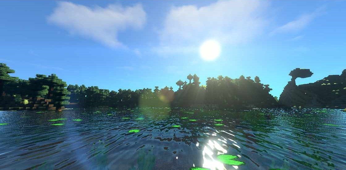 Горный пейзаж в Minecraft с шейдерами Sushi, реалистичные облака и освещение
