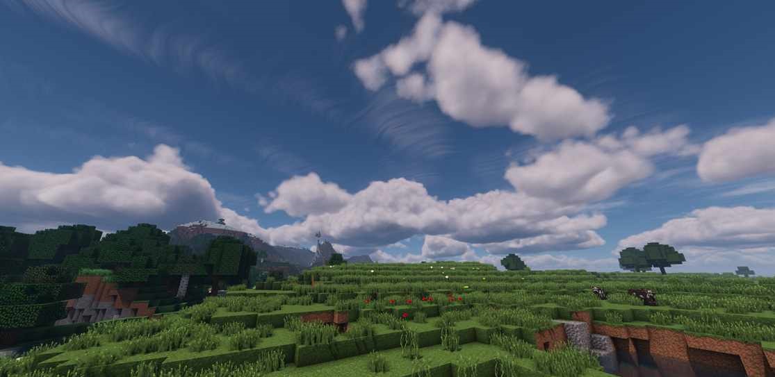 Горный биом в Minecraft с шейдерами: реалистичные текстуры камня и травы
