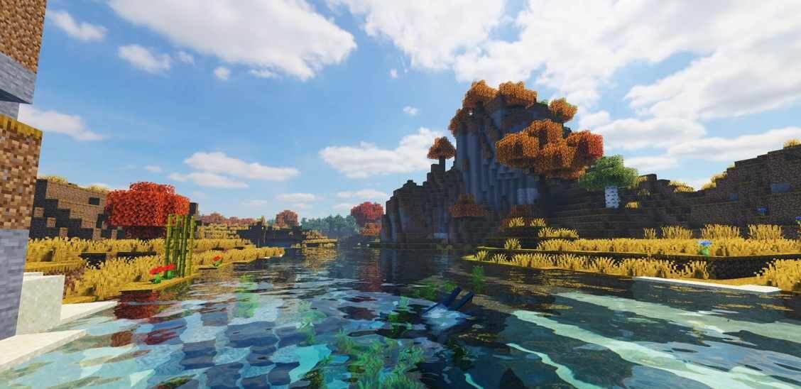 Ночной пейзаж в Minecraft с шейдерами projectLUMA: звёзды, луна и мягкие тени