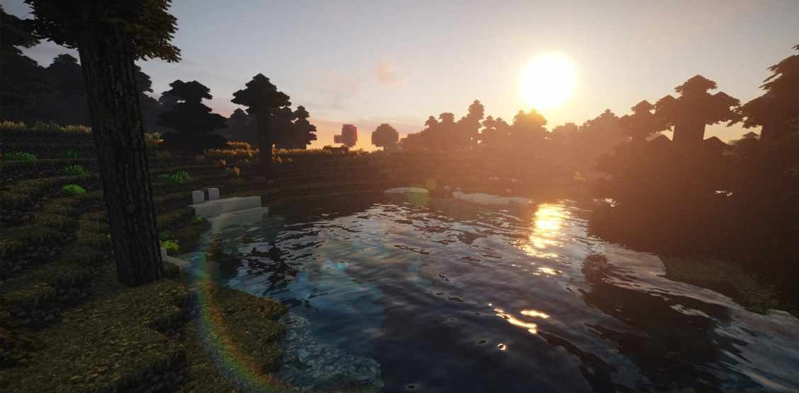 Деревня в Minecraft с ProjectLUMA: тёплое освещение домов и естественные тени