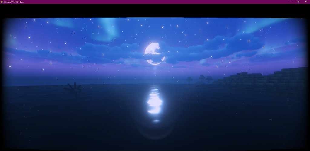 Ночной пейзаж в Minecraft с шейдерами BSLex, звёзды и динамическое освещение