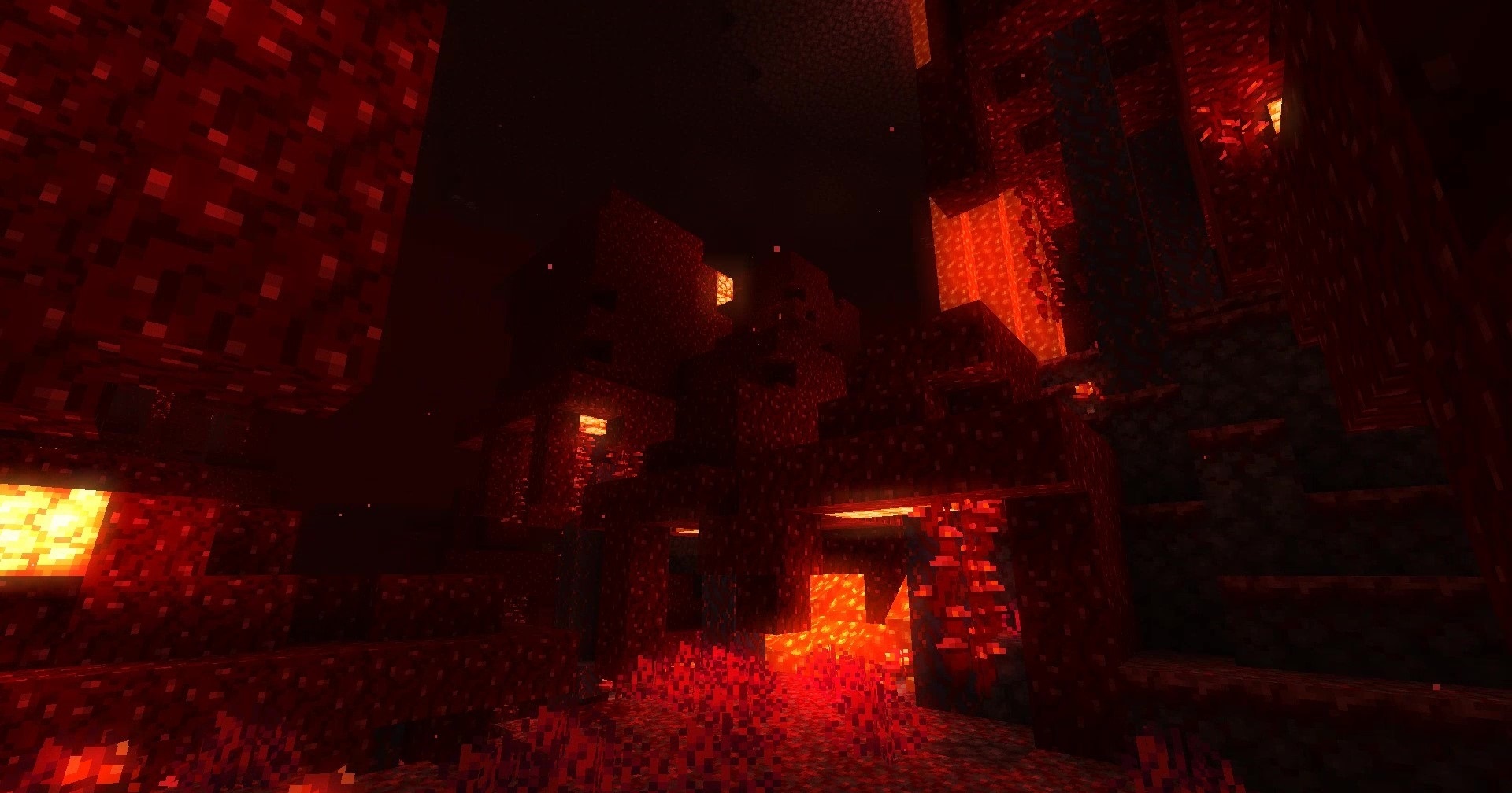 Красный лес в Нижнем мире Minecraft с грибными деревьями и странствующими торговцами