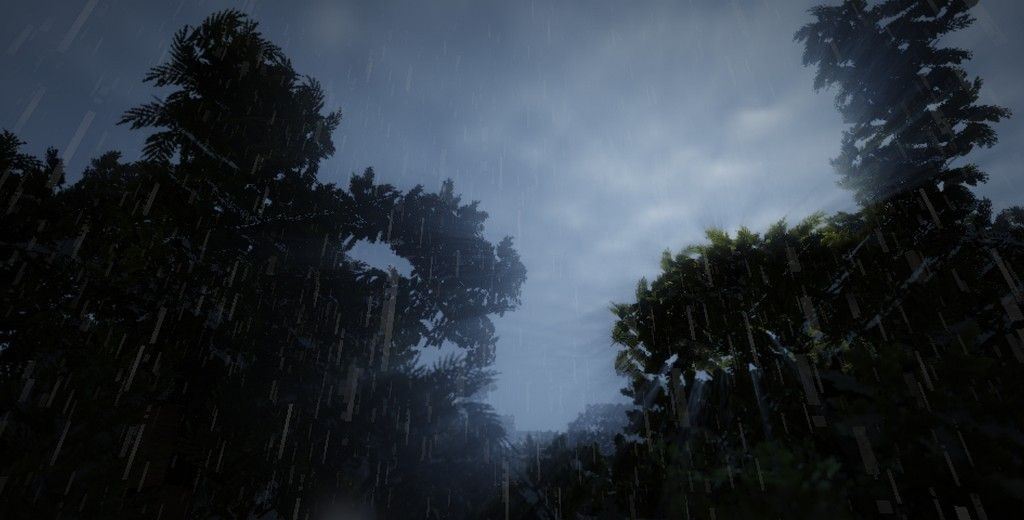Закат в Minecraft с шейдерами, создающими атмосферное освещение