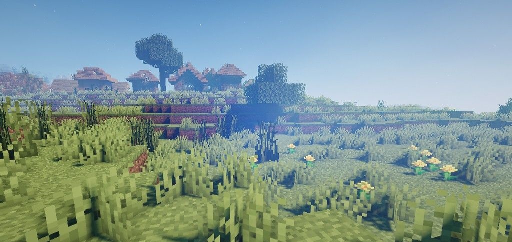 Ночной пейзаж в Minecraft с шейдерами Prismarine, красивые звёзды и туман