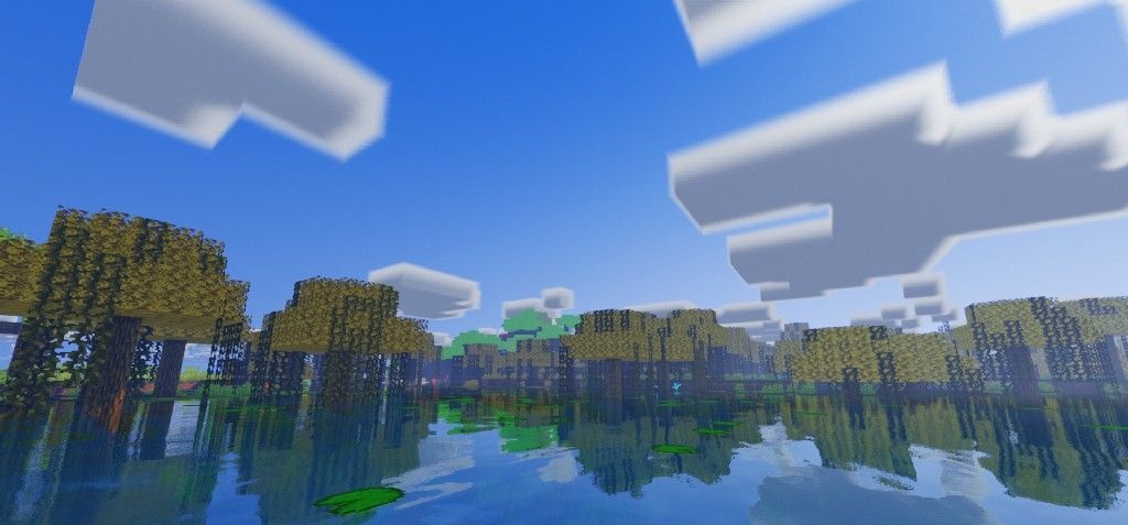Ночной пейзаж в Minecraft с шейдерами Atlas, красивые огни и отражения