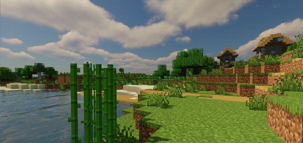 Деревня в Minecraft с шейдерами NV, детализированные текстуры и освещение