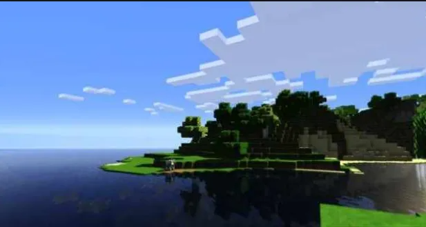 Игрок в Minecraft строит замок на вершине горы с видом на закат