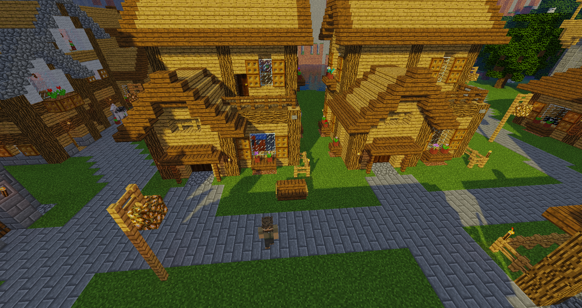 Игроки в Minecraft строят замок из каменных блоков