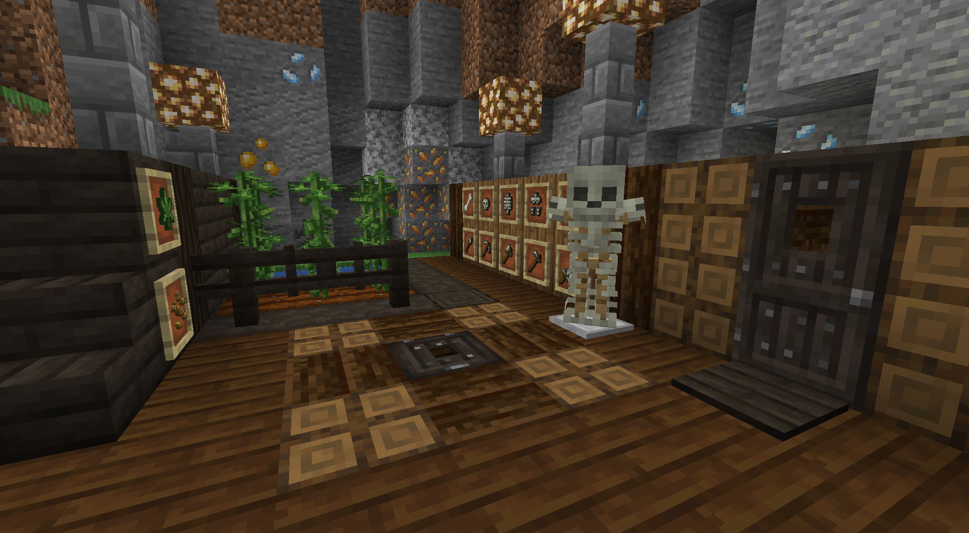 Игрок в Minecraft строит дом из деревянных блоков и камня в лесу