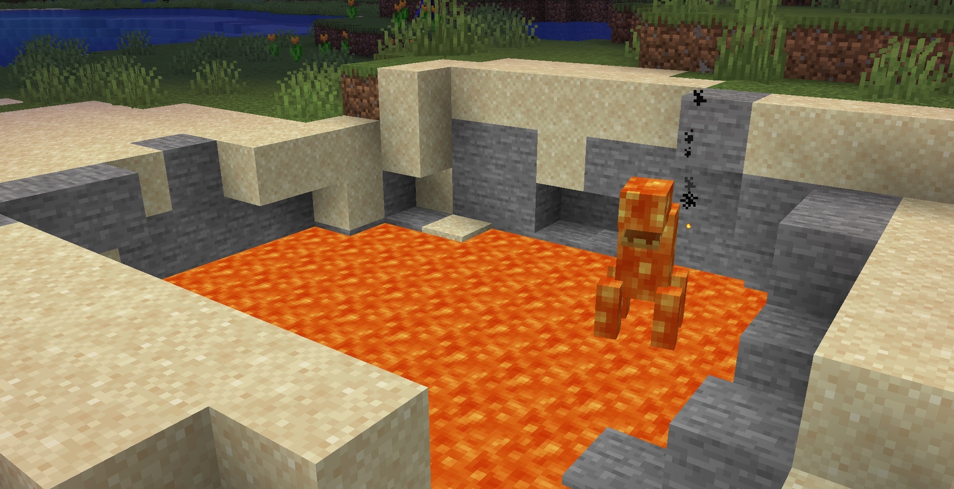 Игрок в Minecraft добывает руду в шахте с факелами на стенах